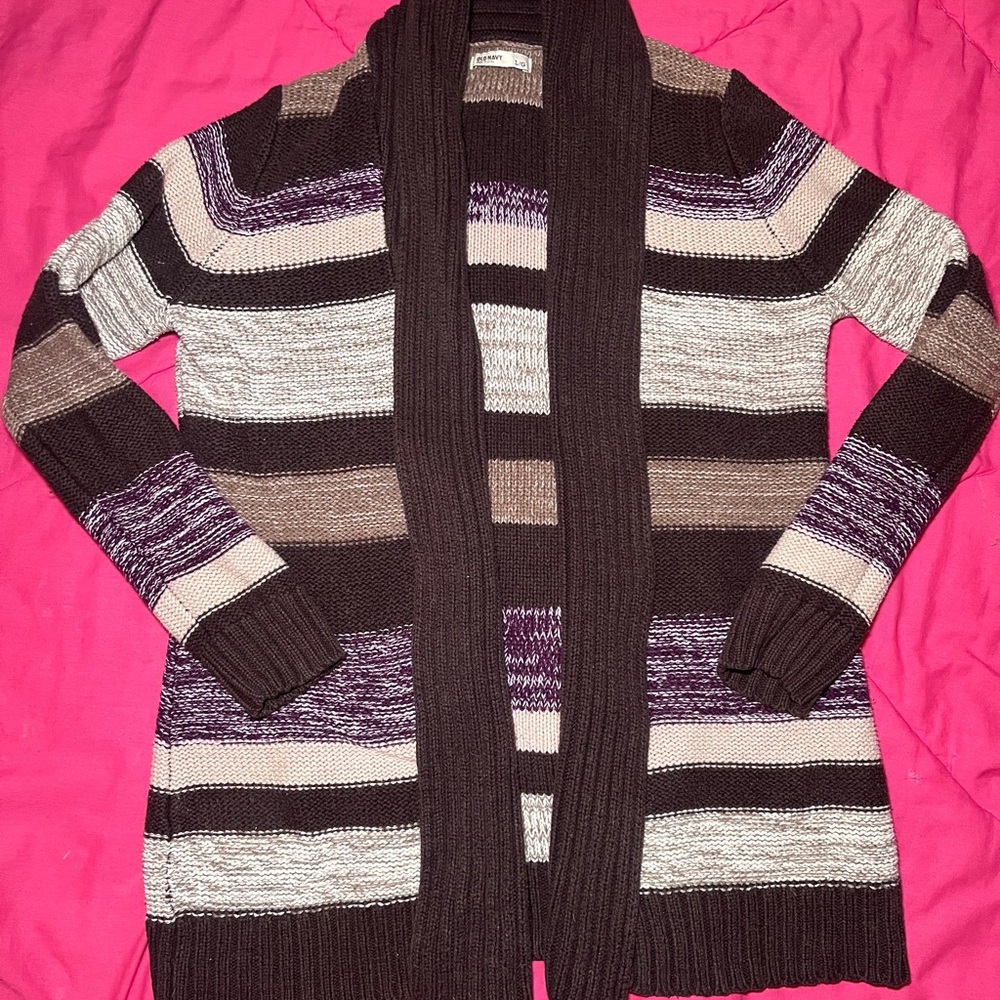 y2k Old Navy Brown Purple Striped Knit Cardigan Women’s Size Large Preowned